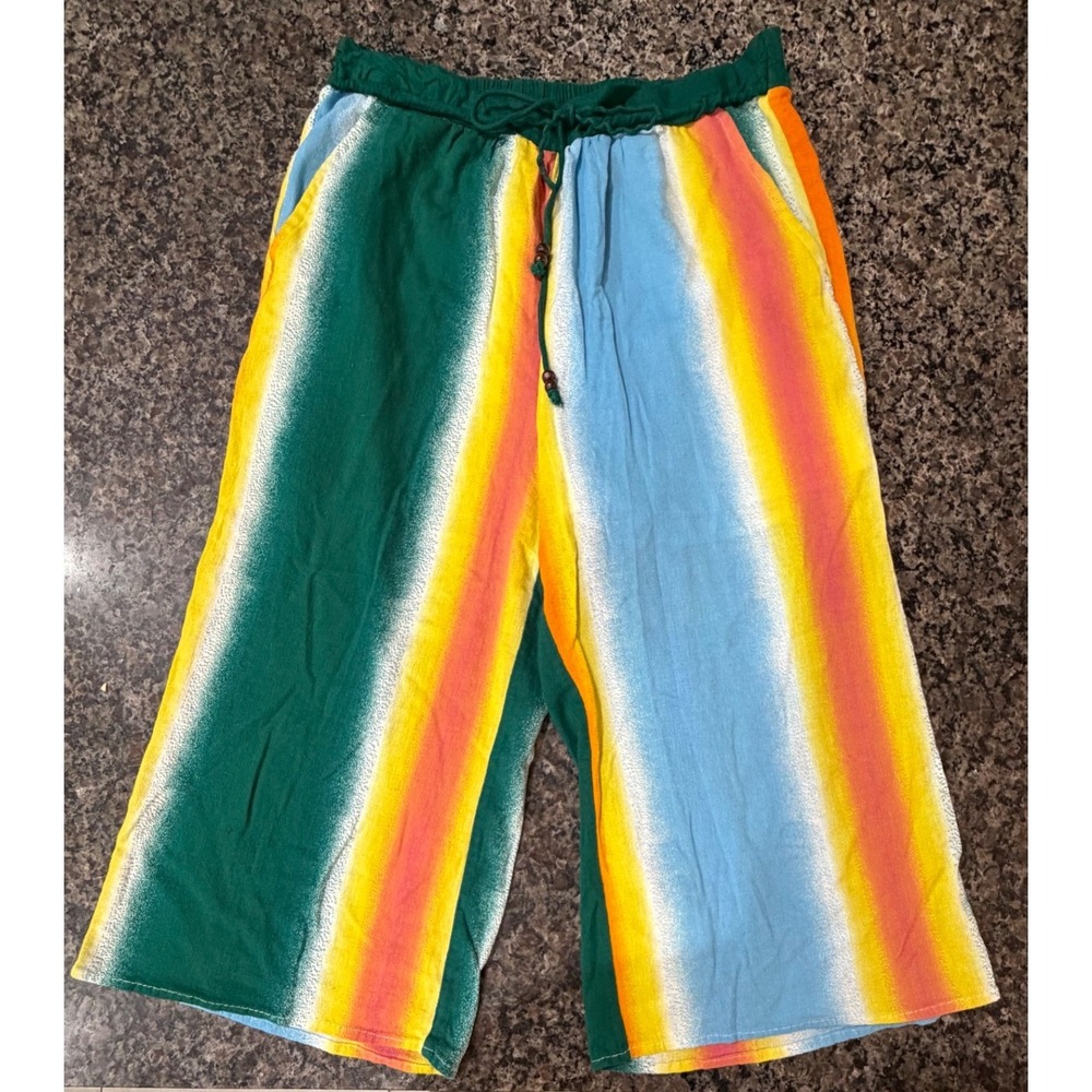 BCBGeneration Womens Rainbow Stripe Wide Leg Cropped Pants Green Multi Small